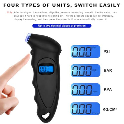 Digital Tire Pressure Gauge, 150PSI 4 Settings High Accuracy Tire Gauge with Backlit LCD and Non-Slip Grip, Easy to Read Air Pressure Gauge for Cars, Trucks and Bicycles (Black) - color: Black