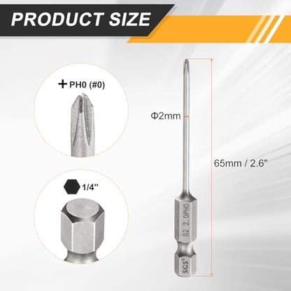 HARFINGTON 4pcs #0 Phillips Screwdriver Bit PH0 1/4" Hex Shank 2.6" (65mm) Long 0.08" Rod Magnetic Cross Head Drill Bits S2 Steel Industrial Screw Driver for Electric Power Tools, Gray - size: PH0 x 2.6" x 0.08"