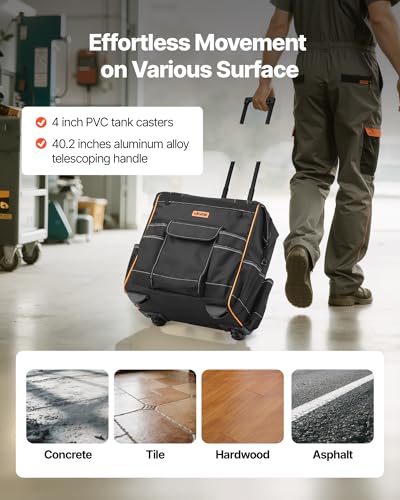 VEVOR 15" Rolling Tool Bag, 110 lbs Load Capacity, 25 Pockets Heavy Duty Roller Tool Bag on Wheels, Adjustable Telescoping Handle & Stable Base, Toolbag Organizers w/Wheels for Construction, Mechanic - size: 15 in