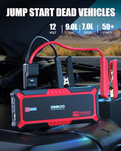 GOOLOO GP3000 Jump Starter, 3000A Peak Car Starter (9L Gas or 7L Diesel) | Supersafe Car Battery Booster Pack - BOOST Mode for Dead Batteries - 16,000mAh Capacity - 3 Modes LED Flashlight - color: Red