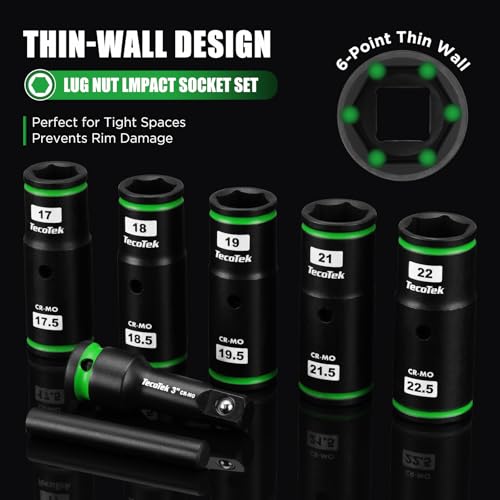 TecoTek 7PCS Lug Nut Socket Set, 1/2” Impact Thin Wall Flip Socket, Half Size Wheel Socket Set, Metric, 6 Point, 3" Extension Bar & Knockout Bar, 17.5mm, 18.5mm, 19.5mm, 21.5mm, and 22.5mm - size: Half Size Metric