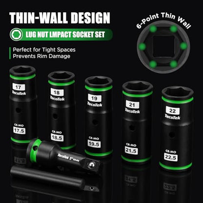 TecoTek 7PCS Lug Nut Socket Set, 1/2” Impact Thin Wall Flip Socket, Half Size Wheel Socket Set, Metric, 6 Point, 3" Extension Bar & Knockout Bar, 17.5mm, 18.5mm, 19.5mm, 21.5mm, and 22.5mm - size: Half Size Metric