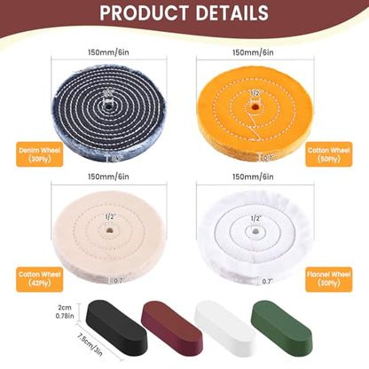 8PCS 6 Inch Buffing & Polishing Wheel Kit for Bench Grinder, 1/2" Arbor Hole, Denim/Yellow/White/Flannel Polishing Wheels with 4 Buffing Compound Set,Polishing Rouge Bars - style: 8pcs-6inch