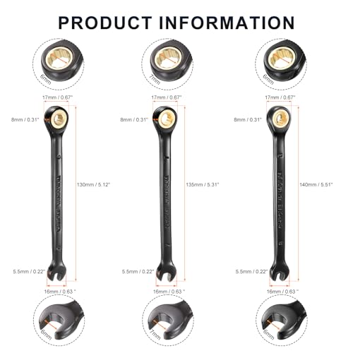 HARFINGTON 3Pcs Ratcheting Wrench Set 6-8mm Metric Open End Wrench 72-Teeth CR-V Steel 12 Point Nickel Plated Combination Ratchet Wrench for Fasteners Nut Bolt - size: 6mm/7mm/8mm