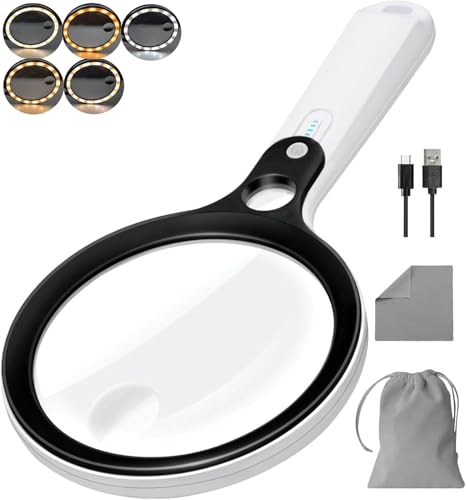 Magnifying Glass with 48 LED Light, 10X 20X 45X Handheld Illuminated Lighted Magnifier with 5 Light Modes Rechargeable Magnifying Glass for Seniors Reading Inspection (Black & White) - color: White Handle