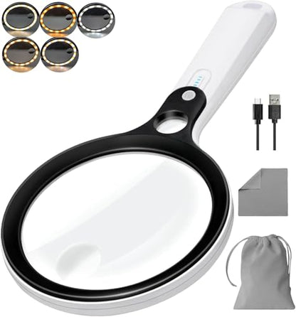 Magnifying Glass with 48 LED Light, 10X 20X 45X Handheld Illuminated Lighted Magnifier with 5 Light Modes Rechargeable Magnifying Glass for Seniors Reading Inspection (Black & White) - color: White Handle