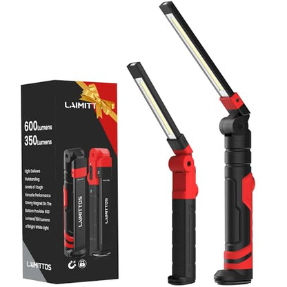 Rechargeable LED Work Light, Magnetic Flashlight Mechanic Light Tool for Men Him, Foldable Lamp with Hook for Car Repair Emergency BBQ Grill (2 Pack) - style: 350 Lumens+600 Lumens