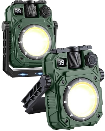 AGPTEK Magnetic Rechargeable LED Work Light with Digital Display, 32 Hours Long Lasting 5000mah Power with Knob Dimming, 5 Modes & 360° Rotatable for Car Repair, Job Site, Emergency (Green, 2 Pack) - color: Green, size: 2 Pack