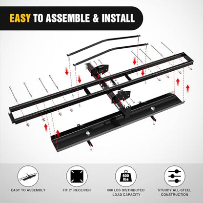 Nilight 600LBS Motorcycle Hitch Carrier with 55.11" Longer Loading Ramp | Heavy Duty Dirt Bike Hitch Hauler, Fits 2-Inch Receiver, Up to 5" Wide Tire, Includes Pin, Tie-Down Strap and Tightener - color: Motorcycle Hitch Carrier Steel 600 LBS