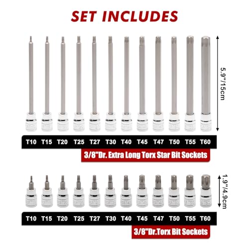 CASOMAN 3/8"Drive Extra Long and Standard Torx Bit Socket Set, 24 Piece Torx Star Bit Set, T10 to T60, Length: 150mm, CR-V & S2 Steel - size: 150mm | 24-piece Set