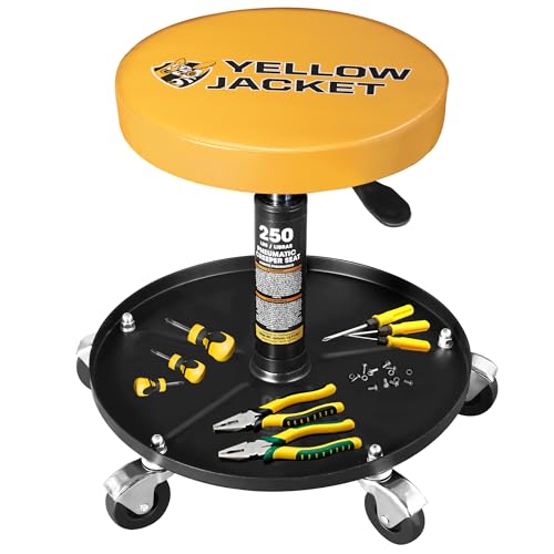 YELLOW JACKET Pneumatic Roller Seat/Creeper with Wheels, for Auto Repair | Pneumatic lift, smooth casters, tool tray, adjustable height. Fits garage & workshop floors - color: Yellow