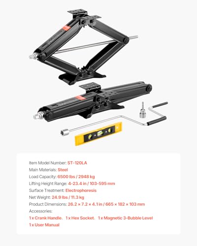 VEVOR 6500 lbs RV Scissor Jacks, 4-23.4 in RV Stabilizer Leveling Scissor Jacks, Set of 2, Heavy Duty Stabilizer Jack with Crank Handle, Socket and Bubble Levels, Not Easily Bent or Deformed - size: 6500 lbs, style: 2 PACK