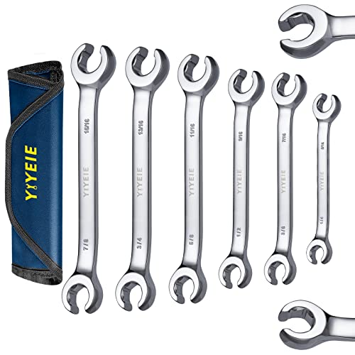 YIYEIE 6 Pc. Flare Nut Wrench Set, SAE 1/4" to 15/16", CR-V Steel, Brake Fuel Line Wrench Set with Roll-up Pouch - color: Sae 6pcs, size: 6-Point