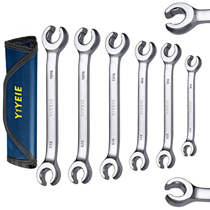 YIYEIE 6 Pc. Flare Nut Wrench Set, SAE 1/4" to 15/16", CR-V Steel, Brake Fuel Line Wrench Set with Roll-up Pouch - color: Sae 6pcs, size: 6-Point