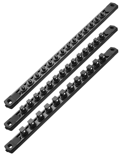 ALOANES Magnetic Socket Organizer Set, 3-Piece Heavy Duty Aluminum Socket Rails, 360° Swivel Clips Socket Rail Kit for Tool Tray Drawer Fit 1/2, 3/8, 1/4-Inch x 40 Clips (Black, 3PC)