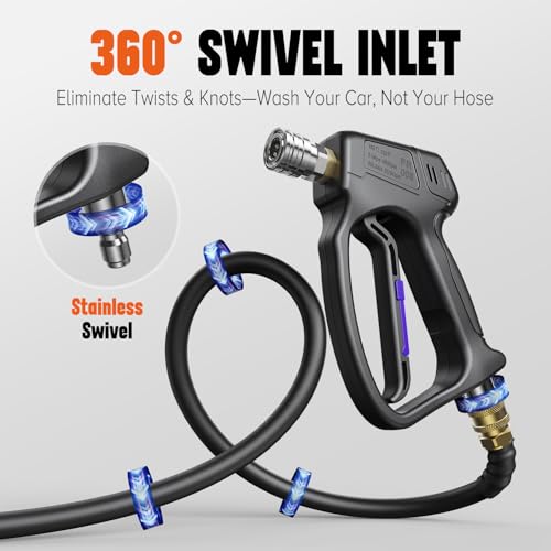 Short Pressure Washer Gun with 360°Swivel, 4000 PIS Power Washer Gun | Stubby High Pressure Washer Gun, 3/8" Male Plug, 1/4" Quick Connect, 5 Spray Nozzle, Car Wash Gun for Foam Cannon - color: Black-360° Swivel Inlet
