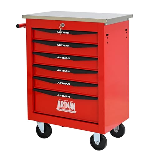 6 Drawers Tool Cart on Wheels with Stainless Steel Worktop, Heavy Duty Mobile Rolling Drawer Tool Chest with Locking Wheels & Lockable Drawers, Garage Tool Storage Cabinet (Red, 6 Drawers) - color: Red, size: 6 Drawers 22.2"Wx13.6"Dx30.7"H