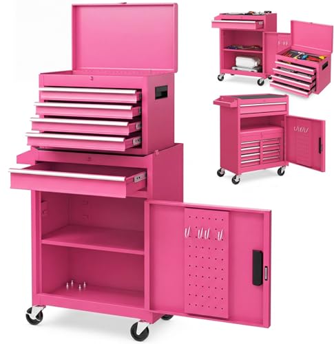 Goplus Rolling Tool Chest, 5-Drawer Tool Box Organizer w/Lockable Wheels & Sliding Drawers & Detachable Top & Adjustable Shelf, Tool Storage Cabinet for Garage Workshop - color: Pink, style: 5 Drawers