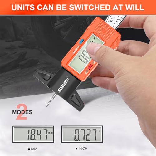 GODESON Tire Tread Depth Gauge - Large LCD Display/Zero Reset,1 Inch/25.4 mm Digital Tire Depth Gauge,Orange Tread Depth Gauge Fit for Trucks, Cars, Motorcycles