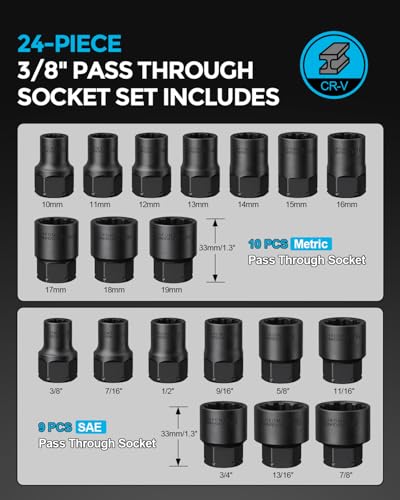 3/8-Inch Drive Pass Through Socket Set, 24-Piece Go-Thru Ratchet Kit, Metric & SAE, Low Profile for Long Bolts & Tight Spaces, Includes Extension Bar & Adapters, Cr-V Steel - size: 24 Pcs