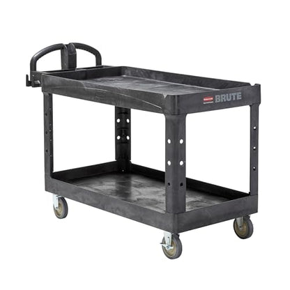 Rubbermaid Commercial Products BRUTE Heavy Duty 2-Shelf Utility/Service Cart, Medium, Lipped Shelves, Ergonomic Handle, 750 lb Capacity, Black, for Warehouse/Garage/Cleaning/Office - color: Black, size: Large, style: 2-Shelf