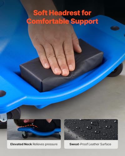 VEVOR 40 in Mechanic Creeper with LED Light, Low Profile Plastic Garage Creeper, 350 lbs Under Car Rolling Creeper with 6 Swivel Casters, Padded Headrest & Tool Trays for Auto Repair - color: Blue