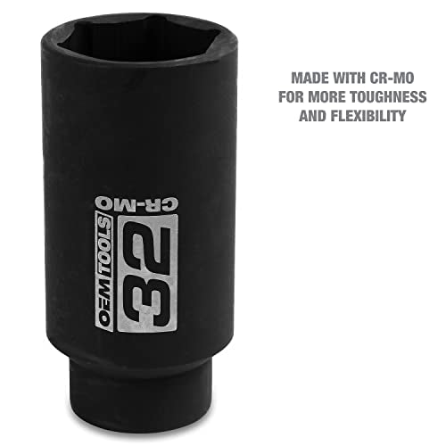 OEMTOOLS 1/2 Inch Drive 32mm Axle Nut Socket for Automotive Maintenance | CR-MO 32mm Impact Socket, Black Oxide Finish to Resist Rust, 6 Pt. 32mm Socket, Use for Tune-Ups - size: 32 mm