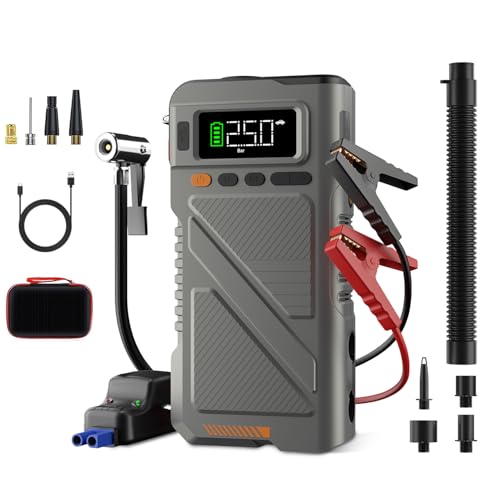 Car Jump Starter with Air Compressor 9000A, 9 in 1 Jumper Box for Car Portable 12V Jump Pack(All Gas/16L Diesel) Combo 150 PSI Tire Inflator & Air Inflator/Deflator Pump w/Extended Jump Cable - color: Gray-9IN1