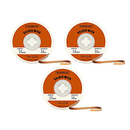 TOWOT Solder Wick Braid With Flux No-Clean Electronic, Desoldering Wick Braid Remover.Desolder Soldering Kit 2.5mm W 0.10'' L 9.8'(3Pcs) - style: 3 PCS - W 0.10'' L 9.8'