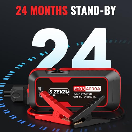 S ZEVZO ET03 4000A Car Jump Starter Jump Starter Battery Pack for Up to 8.0L Gas and 7.0L Diesel Engines, 74Wh Portable 12V Jump Box with USB Ports, LCD Display, Storage Case, and LED Light