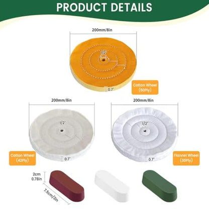 8 Inch Buffing & Polishing Wheel Kit for Bench Grinder, 1/2" Arbor Hole, 3 Polishing Wheels Yellow/White/Flannel with 3 Buffing Compound Set,Polishing Rouge Bar,Metal Aluminum Finishing Kit - style: 6pcs-8inch