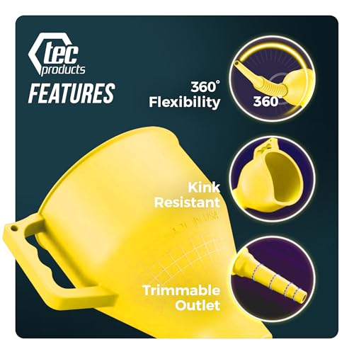 TEC Products FlexAll Long Flexible Funnels - Automotive Oil Funnel with Hose, Durable Nitrile Rubber for Oil Change, Transmission Funnel Fluid, Diesel, Fuel, Gas - Made in USA - Yellow (12 x 4 Inches) - color: Yellow, size: Small