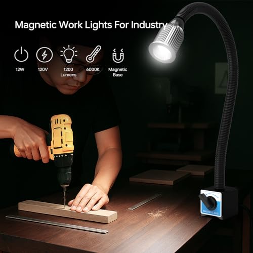 Magnetic Light, 1200 Lumen 120v Flexible Gooseneck Work Light with Adjustable Magnetic Base for CNC Milling Drill Press Sewing Machine Industrial Lighting, 12W