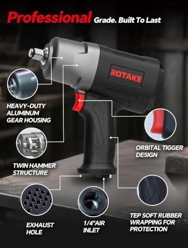 ROTAKE 1/2" Air Impact Wrench, 1400 ft-lbs, Twin Hammer, RT-5276 | 7200 RPM Speed, Heavy-Duty Aluminum Hammer Case, 5.14-lb Composite Body, 3-Speed Control, Tire Shops & Auto Repair - size: 1/2" (1400 ft-lbs)RT-5276