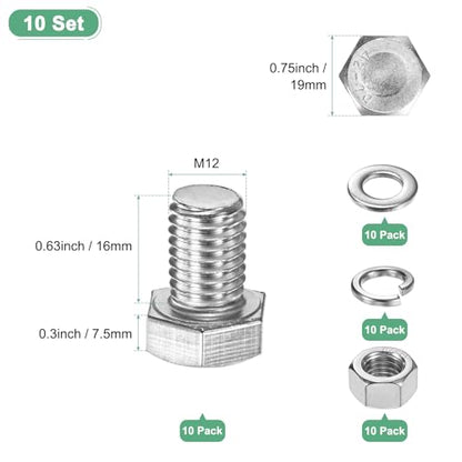 M METERXITY 10-Pack Hex Head Screw Bolt with Nuts Flat & Lock Washers M12x16mm Stainless Steel Bolts and Nuts Kit Fully Threaded Metric Bolt Assortment for Equipment/Machinery - size: M12x16mm