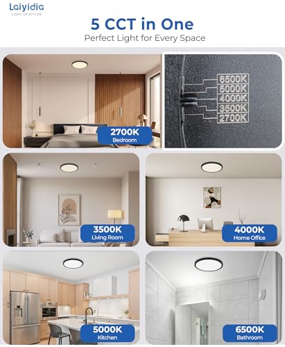 6-Pack 12 Inch Low Profile LED Ceiling Lights, 24W 2640LM Non-dimmable, 5CCT Selectable (2700K-6500K), Flicker-Free Flush Mount Fixture for Bedroom Kitchen Hallway Laundry, Black - color: Black, size: 12 Inch