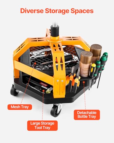 VEVOR Mechanic Stool Dual Storage Trays Rolling Stool and Garage Stool with Adjustable Height 23.6–29.5 in,Soft Waterproof Cushion 360° Swivel Casters 330 LBS Capacity Heavy Duty - color: Yellow