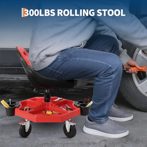 TrailBlaze Adjustable Rolling Mechanic Creeper Seat – 19"-24" Height, 300 lbs Capacity, Ergonomic Padded Garage Stool, 5-Inch Wheels, Removable Magnetic Tool Tray, 360° Swivel Casters - color: Red, size: Advanced