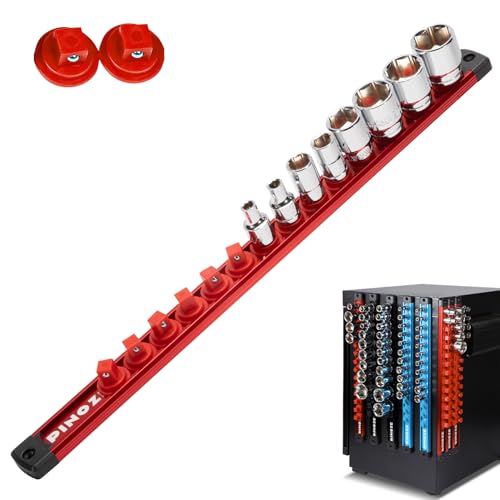 PINOZE 3/8" Magnetic Socket Holder Organizer - Aluminum Alloy Socket Rail Tray for Tool Box Drawer, Socket Rack with Extra 2Pcs Replacement Clips for Automotive Garage(Red) - size: 3/8" DR