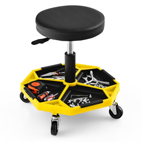 IRONMAX Rolling Mechanic Stool with Removable Tool Tray & Padded Cushion | Pneumatic Shop Stool with 4 Universal Wheels, Height Adjustable Roller Seat for Workshop Auto Repair, 330 LBS Max Load - color: Yellow, size: Bottom Tool Tray