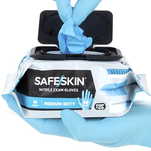 SAFESKIN Disposable Nitrile Gloves in POP-N-GO Pack (50 or 200 Count) Medium Duty, Powder-Free -Cleaning, Gardening, Crafts - size: Medium (Pack of 50)