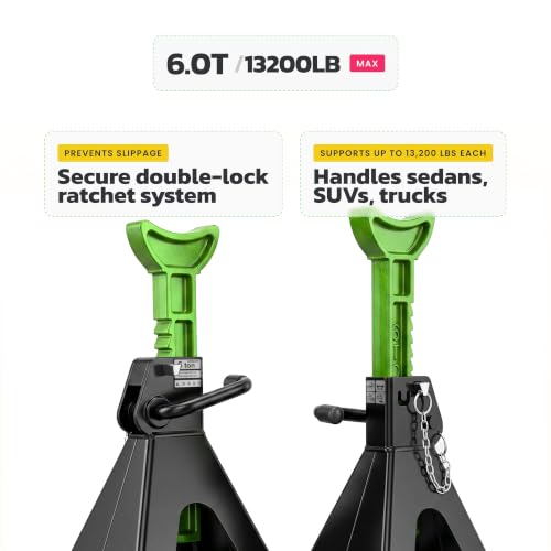 Jack Stands, 6 Ton (13,000 lbs) Capacity Heavy Duty, Double Locking Pin Safety, 14.2-23 Inch Adjustable Height Car Jack Stands for SUV, Truck, Van, Jeep, UTV/ATV - Pair (Green-Black) - size: 6 Ton