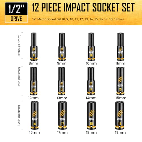 BOEN 12-Piece 1/2" Drive Deep Impact Socket Set, Metric Sockets (8-19mm), 6-Point CR-MO Steel with Deep Embossed and Painted Marking