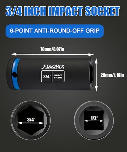 3/4in (19.05mm) Deep Impact Socket 1/2" Drive CR-MO Steel 6-Point | CR-MO steel impact socket set. 1/2" drive, 6-point design. Deep reach for lug nuts & axle nuts. - size: 3/4in (19.05mm)