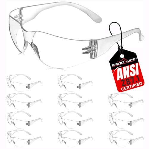 BISON LIFE Clear Safety Glasses – ANSI Z87.1 Certified Scratch & Impact Resistant Eye Protection Goggles for Men & Women - color: Clear/Clear