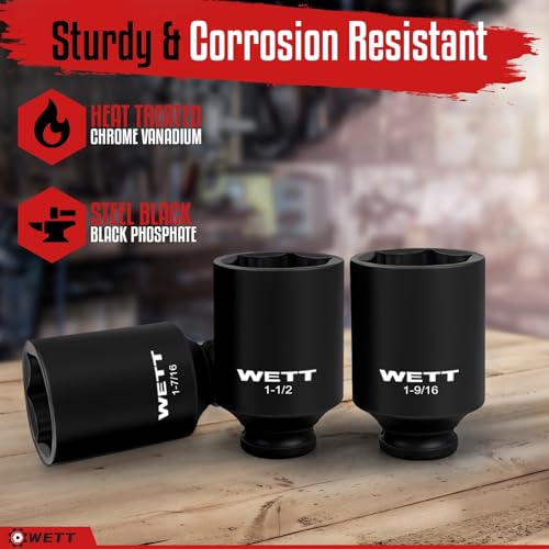 WETT 1/2" Drive Deep Large Impact Socket Set, 8-Piece Spindle Axle Nut Large Sockets Set, Standard SAE 6 Point Wheel Wrench Sockets, CR-V Steel, (1-1/4-Inch-1-3/4-Inch) - size: 1-1/4"-1-3/4" (8pc)