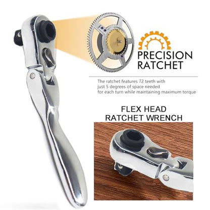 Mini ratchet screwdriver Set, Right Angle Screwdriver set with 1/4 Mini Flex Ratchet Wrench and Bits Sockets for Tight Spaces(Ratchet wrench with bits and socket)