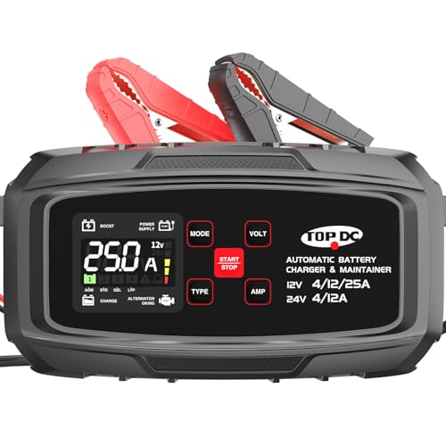 TOPDC 25A 12V/24V Smart Car Battery Charger, Maintainer and Power Supply | Maintainer, desulfator and power supply functions support charging, battery care and external power needs. - size: 25A