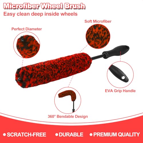 Wheel Brush, Wheel & Rim Cleaner Brush, Tire Brush, Wheel Cleaning Brush, Bendable & Durable Car Wheel Brush Set, Car Detailing Brushes, Wheel Brushes for Cleaning Wheels - color: Red