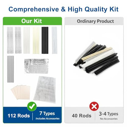 112 Pcs Plastic Welding Rods Kit, 7 Materials (PP ABS PE PU TPO PA PC) for Car Bumper & Kayak Repair, Includes 5 Stainless Steel Mesh, 4 Sanding Sponges & 5 Tapes, 7.87 Inch Plastic Weld Rods